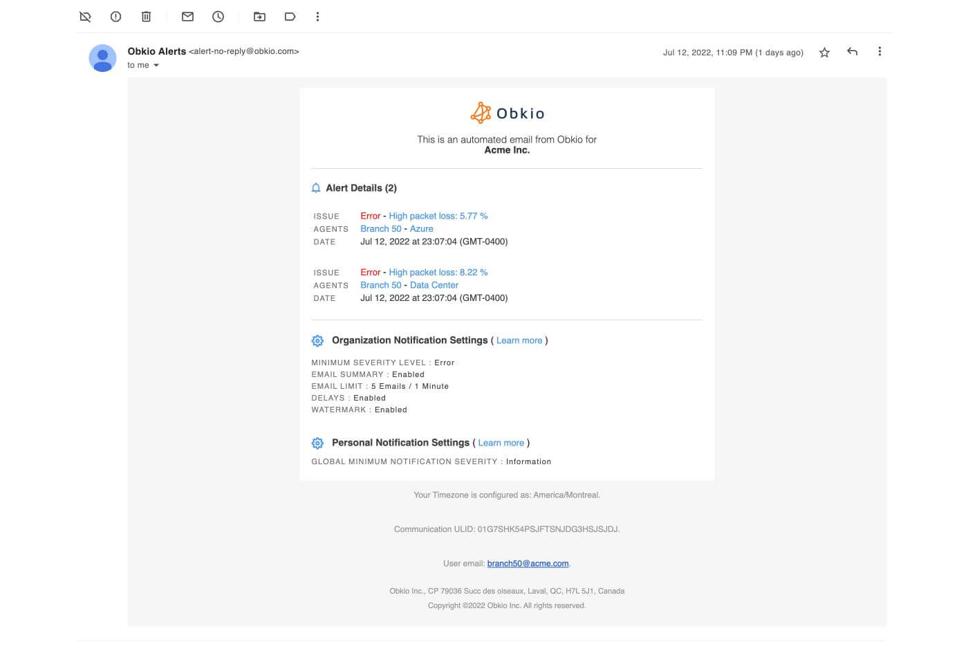 Obkio Network Auditing Tool Notifications