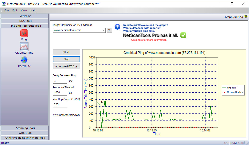 NetScanTools network testing tool interface